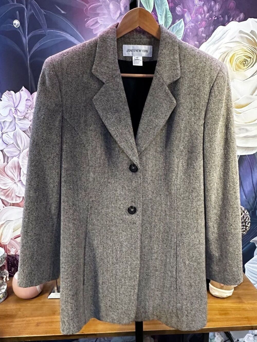 Jones New York 12 Wool Blend Blazer Herringbone Two Button Classic Preppy Formal